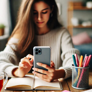 Junge Frau nutzt ihr Smartphone als Lernunterstützung. Sie hat ein Notizbuch vor sich