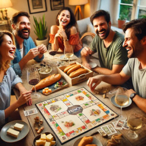 Spieleabend mit französischem Essen unter Freunden die Spaß haben und lachen