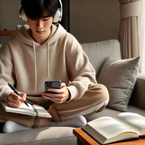 Junge mit Smartphone in der Hand der auf seinem Sofa sitzt und etwas in ein Notizbuch schreibt