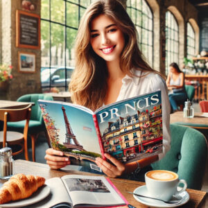 Junge Frau sitzt in einem Café und liest eine Zeitschrift