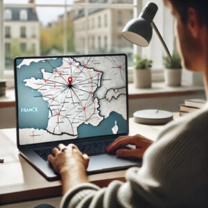 Junger Mann sitz vor seinem Notebook und plant seine Reise durch Frankreich