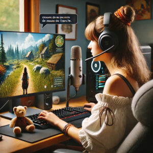 Junge Frau spielt ein Computerspiel und spricht in ihr Headset
