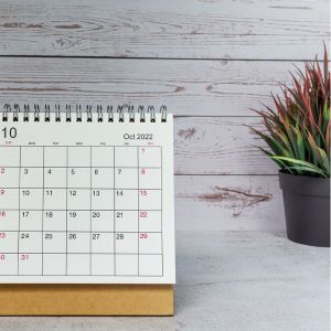Kalender auf Tisch mit Pflanze