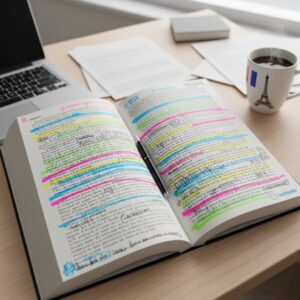 Buch mit vielen bunten Markierungen im Text