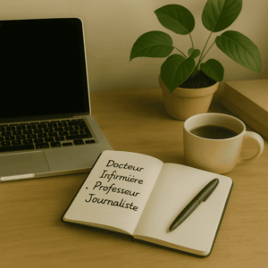 Arbeitsplatz mit Laptop, Notizbuch und Kaffee - Französisch lernen: Berufe vorstellen im Business-Kontext