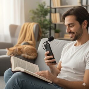 Mann nimmt eine französische Audio mit dem Handy auf