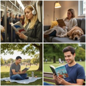 Verschiedene Menschen lesen in unterschiedlichen Situationen in einem Kurzgeschichten Buch