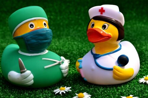 Zwei Gummienten in Berufskleidung als Ärztin und Chirurg
